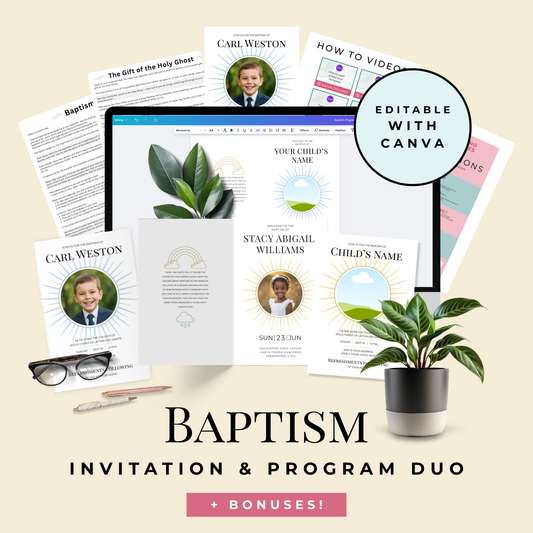 LDS Ceremony Invitation Bundle Digital Download Canva Template Set Editable Design Format Matching Program Template Foldable Ceremony Program Instant Access Download Easy Customization Options Religious Milestone Celebration Child Ceremony