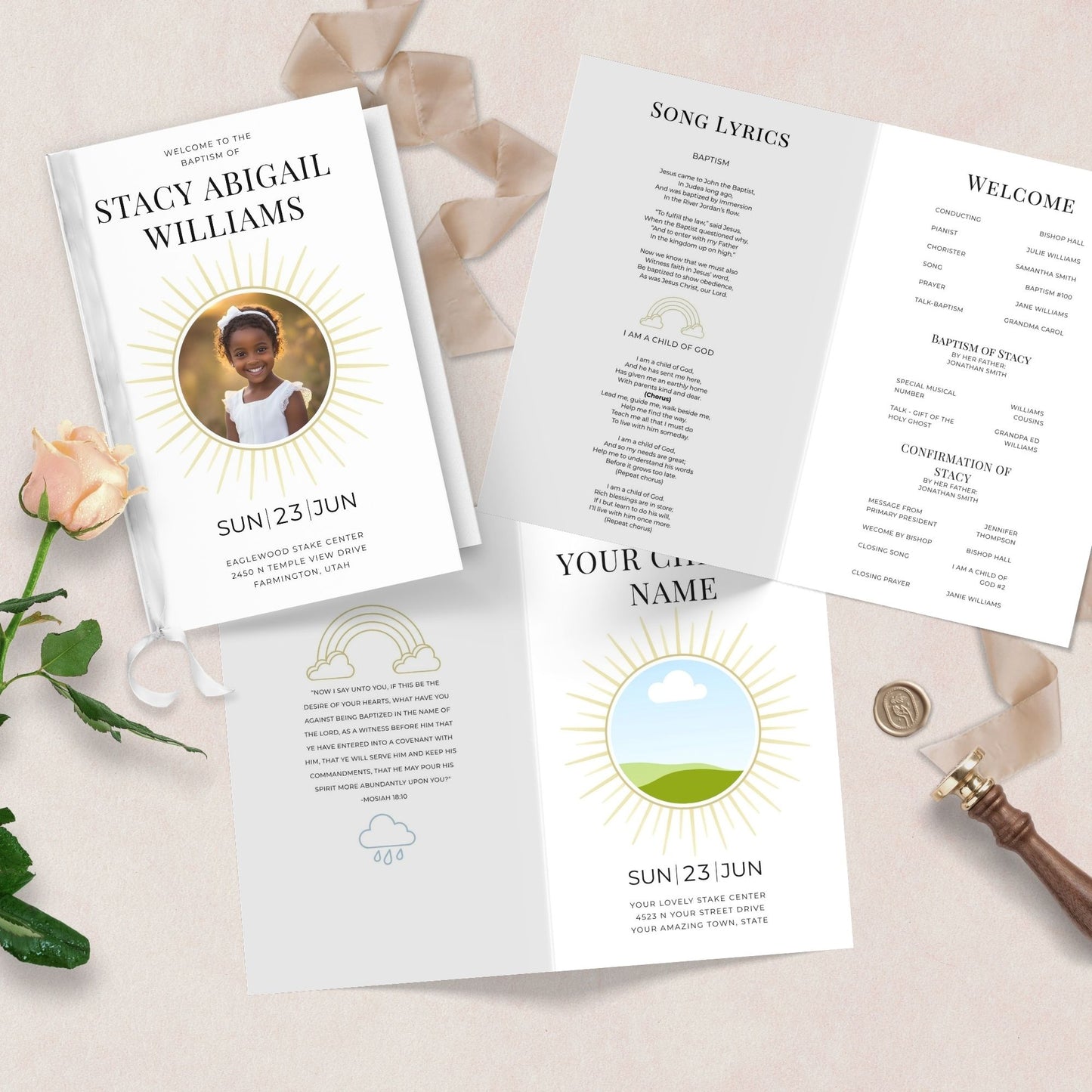 LDS Baptism Program Template Digital Download Editable Canva Design Printable Foldable Church Program Mormon Baptism Ceremony Custom Photo Space Modern Rainbow Theme Gender Neutral Design DIY Church Program Instant Download Quick Print