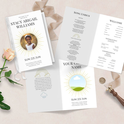 LDS Baptism Program Template Digital Download Editable Canva Design Printable Foldable Church Program Mormon Baptism Ceremony Custom Photo Space Modern Rainbow Theme Gender Neutral Design DIY Church Program Instant Download Quick Print