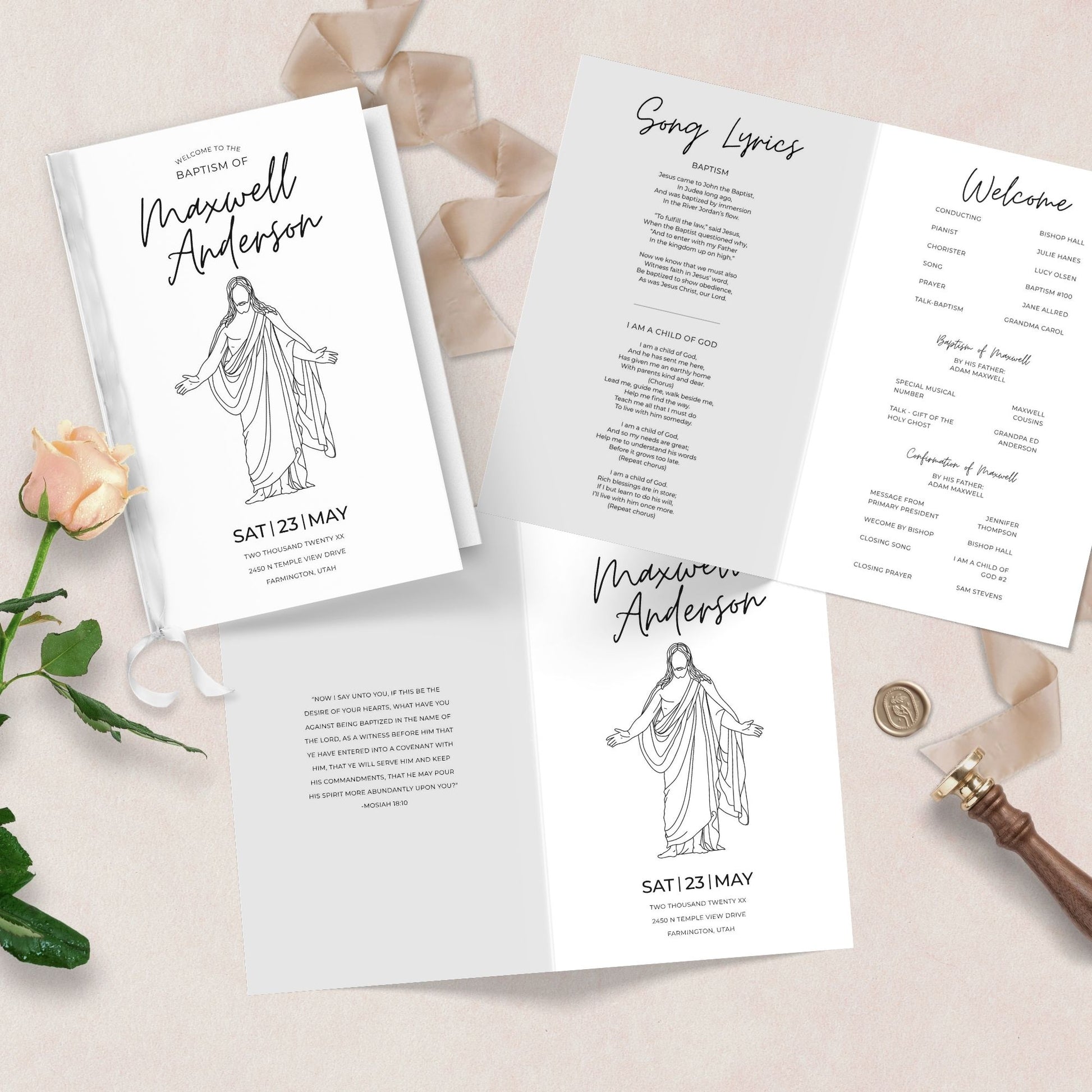 LDS Baptism Program Template Editable Canva Design Instant Download Digital File Minimalist Style Religious Ceremony Planning Modern Church Event Customizable Program Layout Professional Baptism Celebration DIY Printable Format Easy Edit