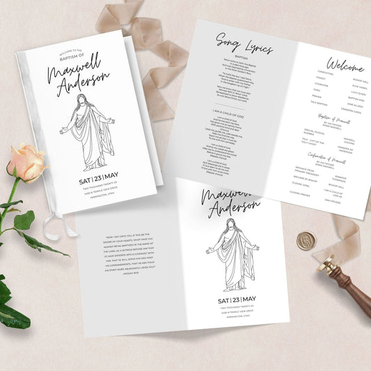 LDS Baptism Program Template Editable Canva Design Instant Download Digital File Minimalist Style Religious Ceremony Planning Modern Church Event Customizable Program Layout Professional Baptism Celebration DIY Printable Format Easy Edit