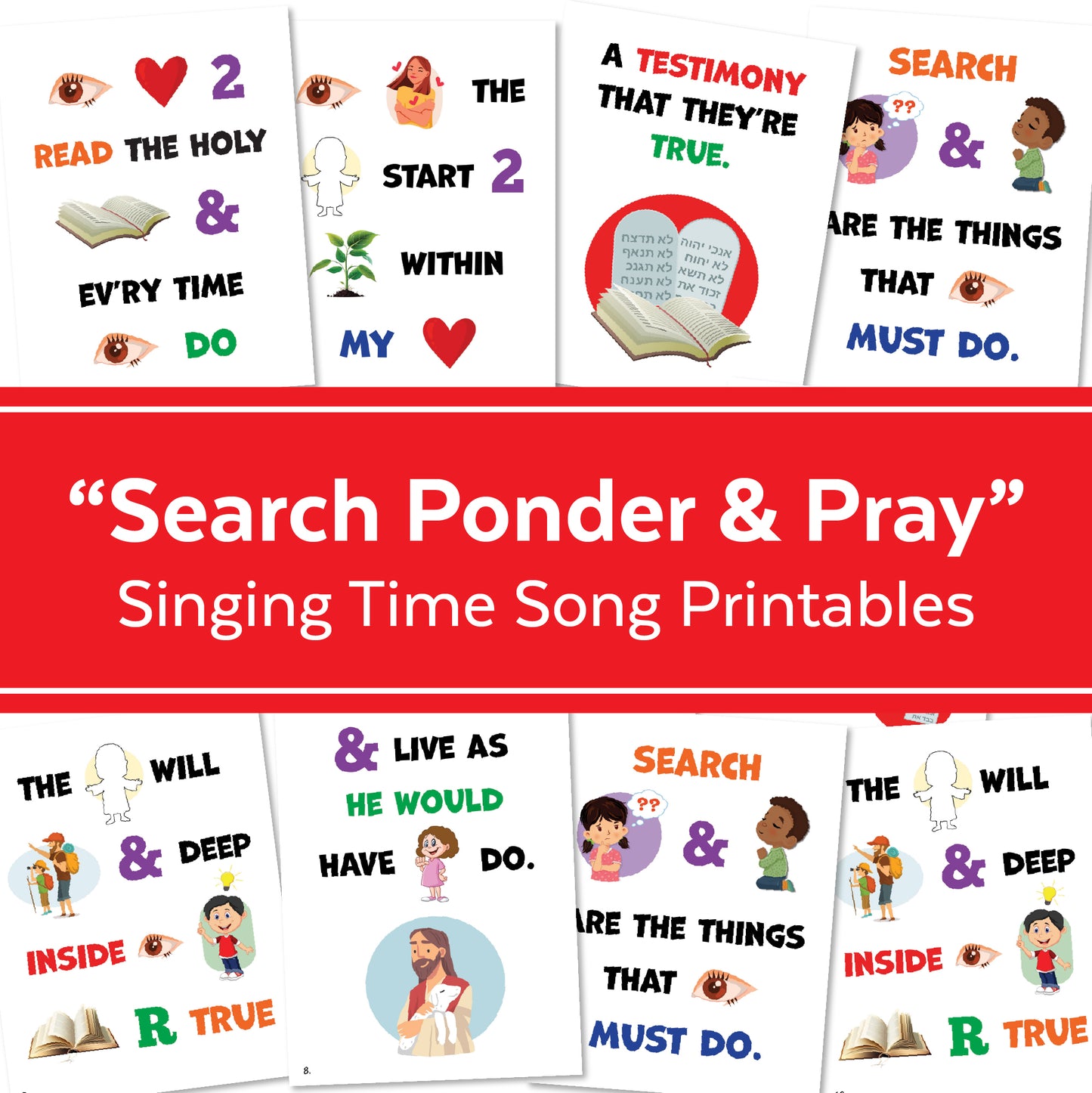 Search Ponder and Pray singing time printables for LDS primary music leaders with flip chart song helps, colorful visuals, chorister teaching pages, and church music activity for kids