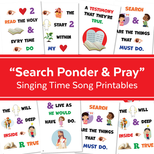 Search Ponder and Pray singing time printables for LDS primary music leaders with flip chart song helps, colorful visuals, chorister teaching pages, and church music activity for kids