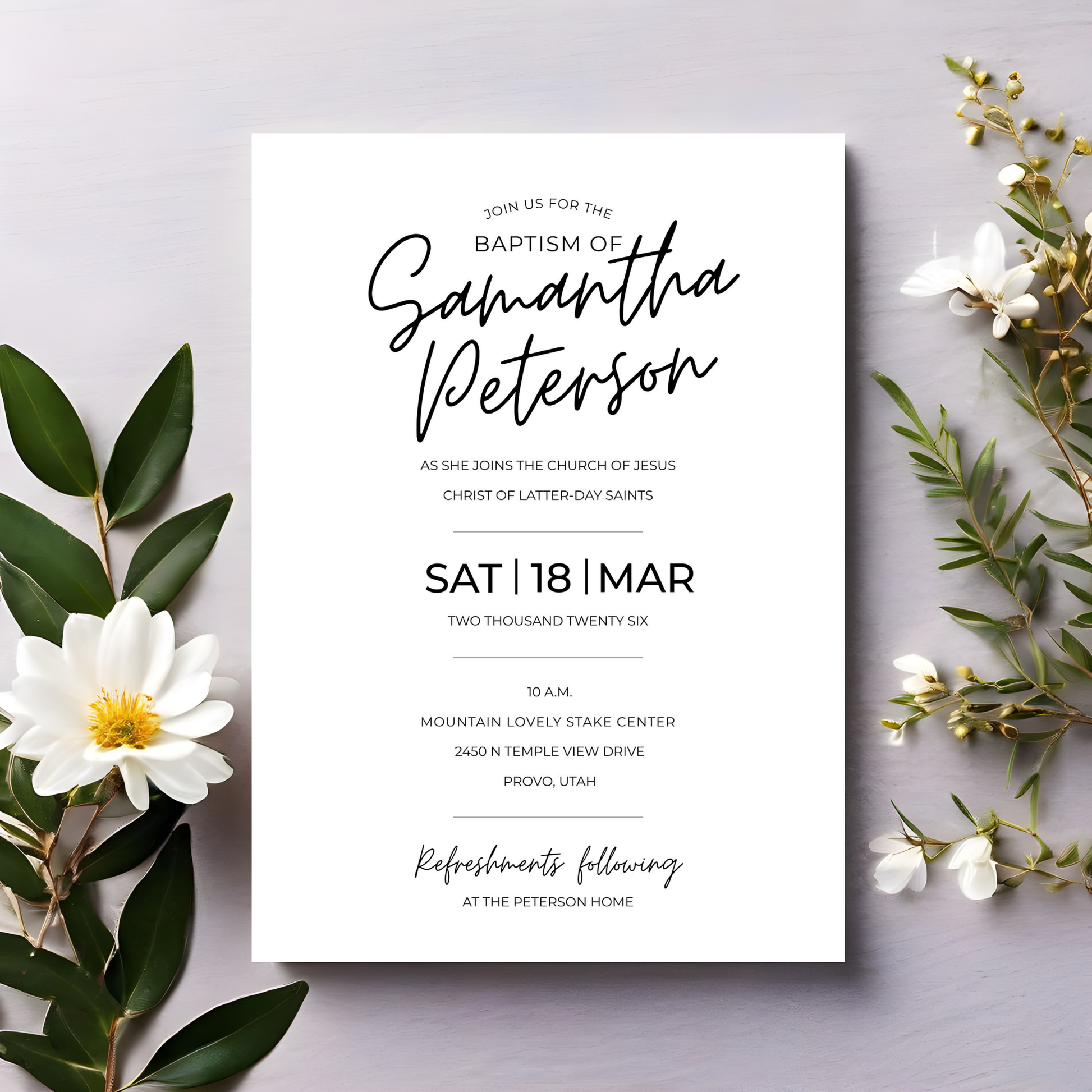 Customizable Baptism Template Editable Design LDS Church Invitation Instant Download Digital Format Minimalist Modern Style Boy Girl Gender Neutral Religious Celebration Canva Template DIY Printing Perfect Personalized Announcement