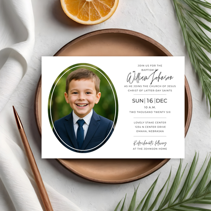 Digital Baptism Template LDS Invitation Design Canva Editable Format Mormon Ceremony Celebration Printable Photo Invitation Modern Clean Typography Instant Download Access Customizable Text Fields Religious Milestone Announcement DIY