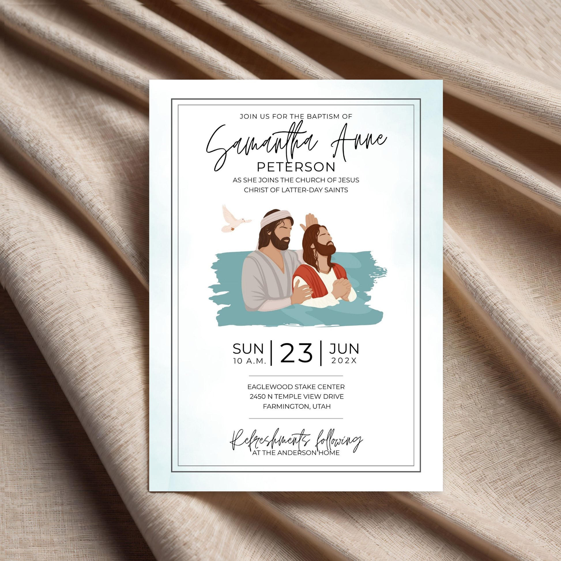 LDS Baptism Invitation Editable Canva Template Digital Download Printable Design Mormon Ceremony Invite Customizable Text Fields Easy Edit Format Sacred Milestone Celebration Family Gathering Church Event Religious Occasion Personal Touch