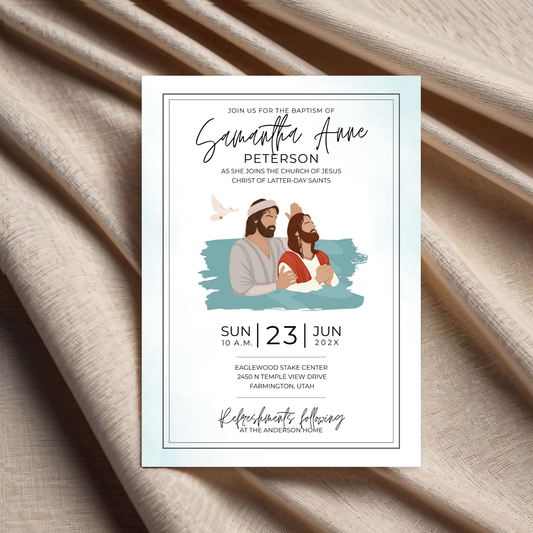 LDS Baptism Invitation Editable Canva Template Digital Download Printable Design Mormon Ceremony Invite Customizable Text Fields Easy Edit Format Sacred Milestone Celebration Family Gathering Church Event Religious Occasion Personal Touch