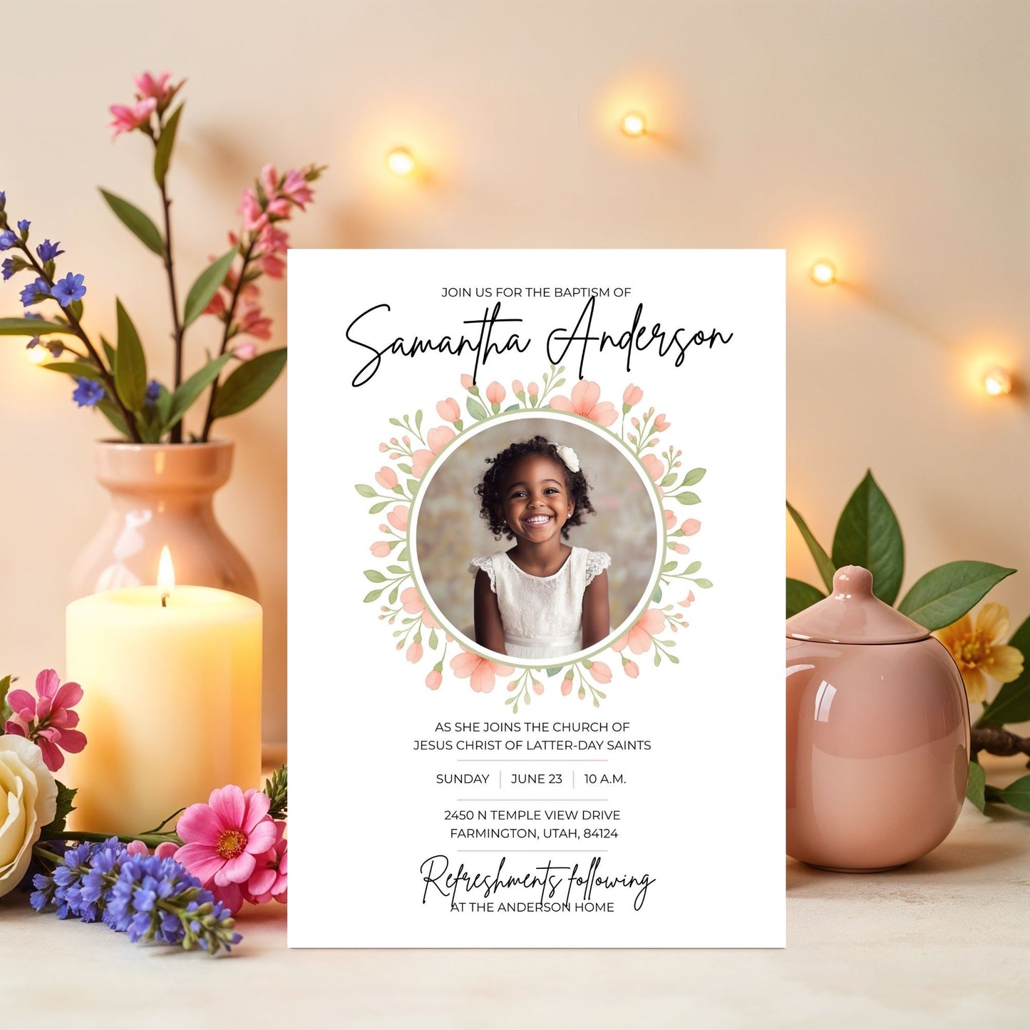 Digital Template Download Girl Baptism Invitation Canva Editable Design Printable Format Instant Access Floral Pattern Collection Religious Ceremony Celebration DIY Friendly Customizable Text Fields Church Announcement Family Gathering