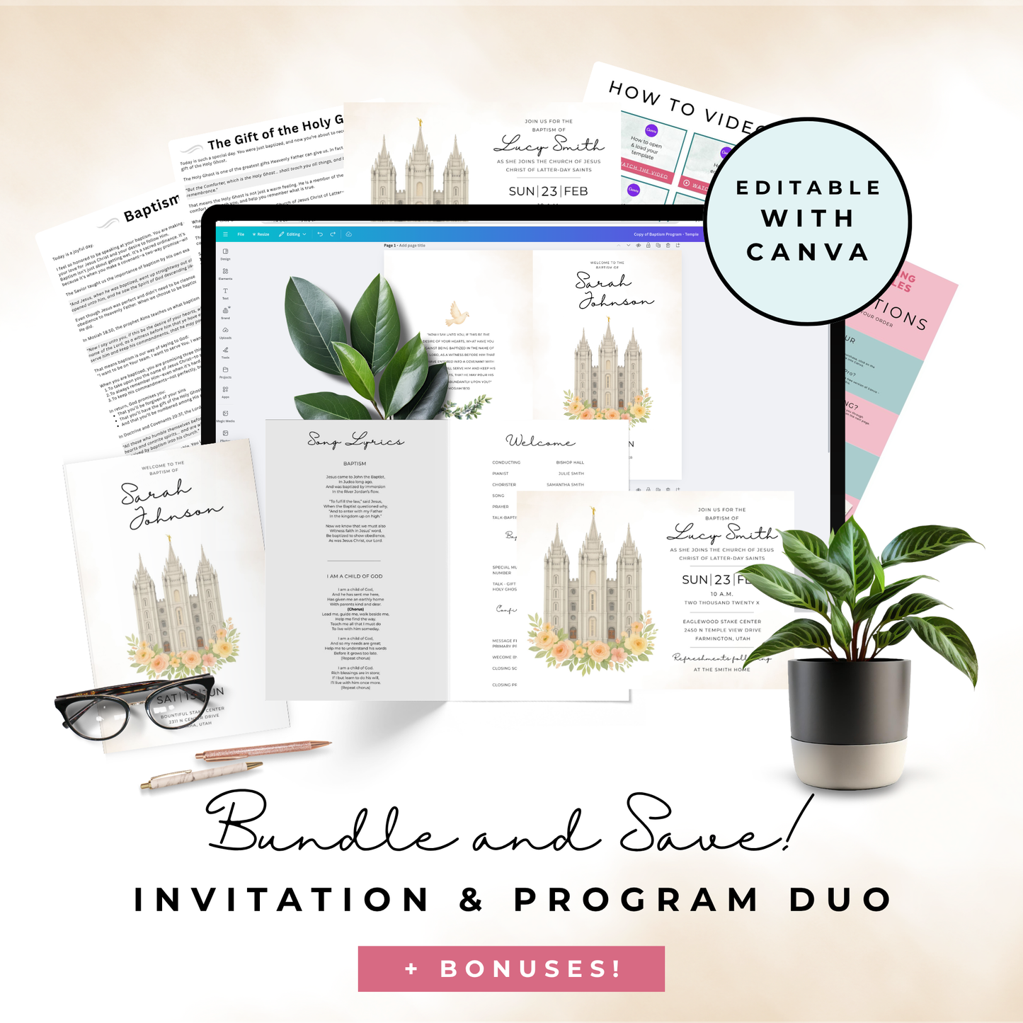 LDS Baptism Invitation and Program Bundle for Boys and Girls - Editable Canva Template