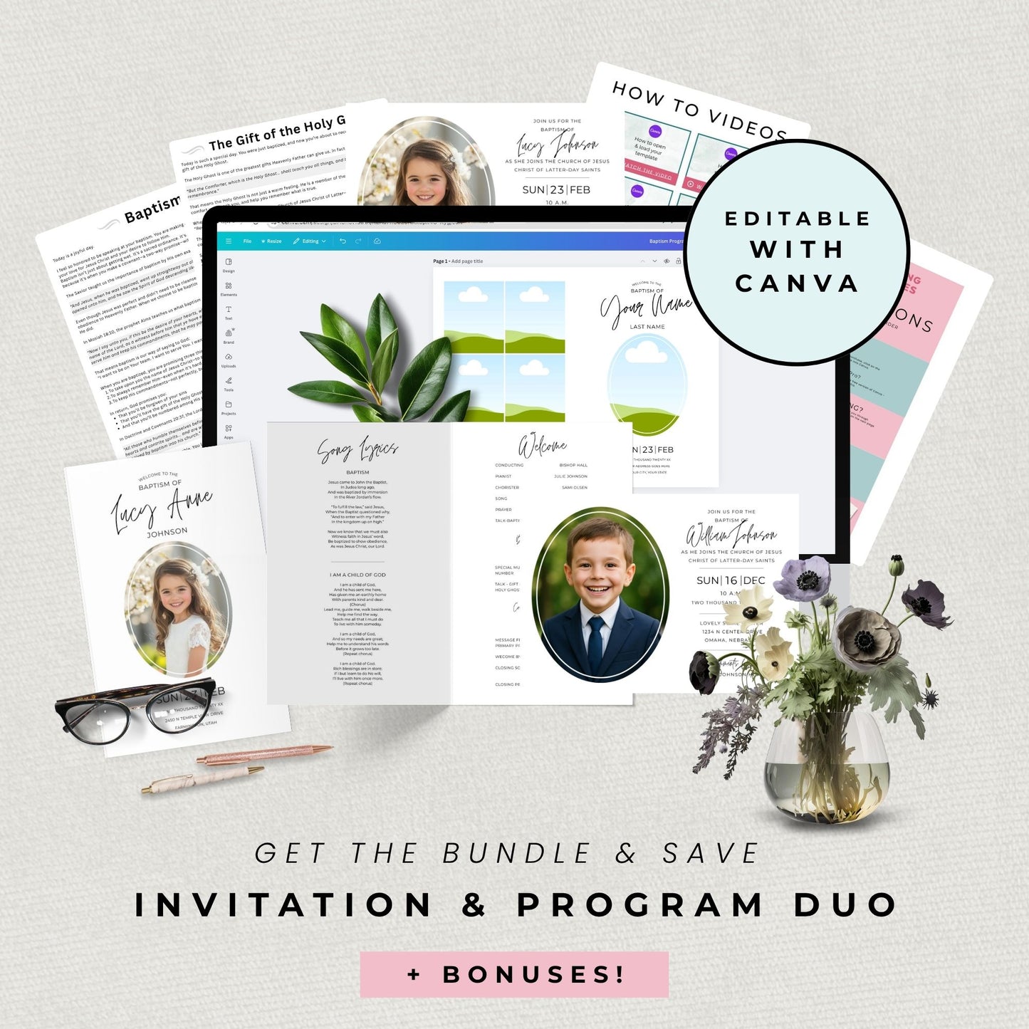 LDS Baptism Invitation Bundle – Editable Canva Program for Boys and Girls