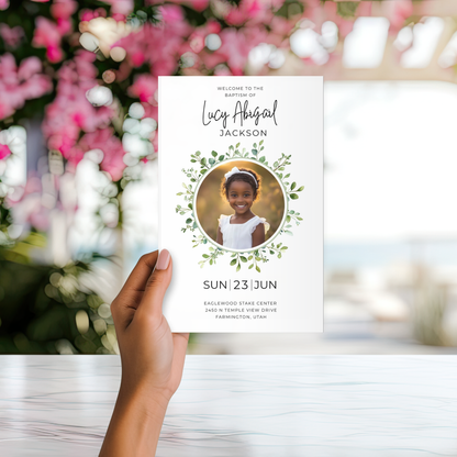 Printable Baptism Program Template LDS Ceremony Planning Editable Canva Design Digital Download Format Foldable Layout Modern Minimalist Style Custom Photo Display Personalized Scripture Selection Speaker Name Sections Song Title List Talk