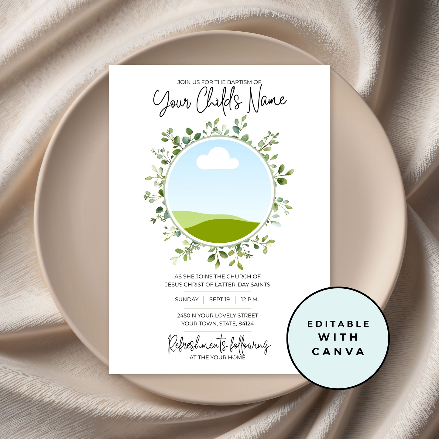 Digital Baptism Template Instant Download Editable LDS Invitation Design Customizable Boy Girl Options Printable Format DIY Home Printing Mormon Ceremony Celebration Sacred Occasion Planning Personalized Design Collection Religious Event