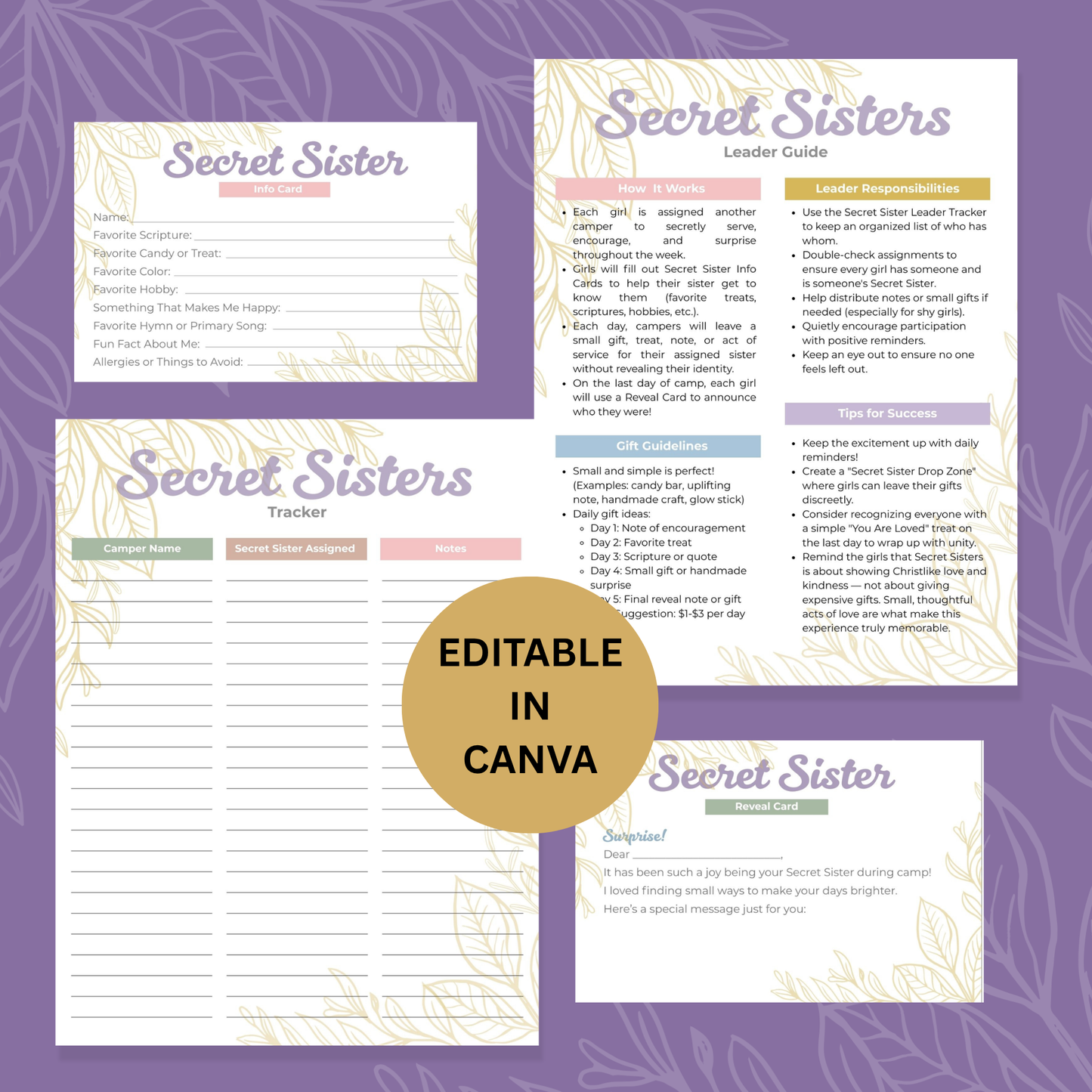 Secret Sister Exchange Survey Printable Getting To Know You Questionnaire Church Youth Group Activity Girls Camp Ice Breaker Game LDS Faith Community Bonding Digital Download Instant Access Editable Canva Template Customizable PDF Format