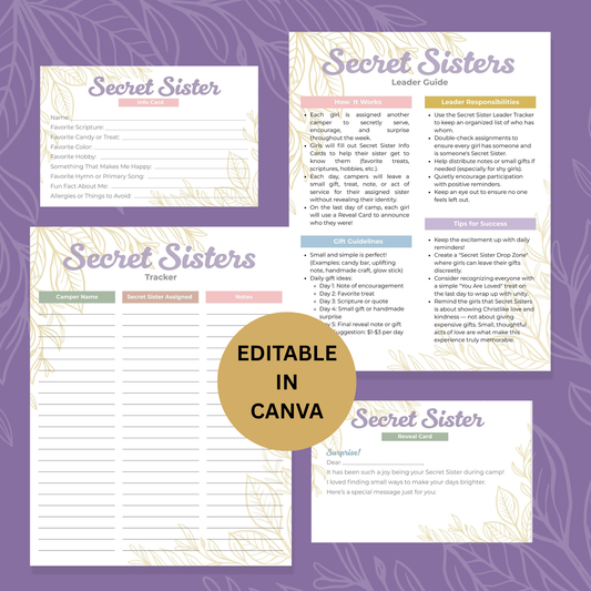 Secret Sister Exchange Survey Printable Getting To Know You Questionnaire Church Youth Group Activity Girls Camp Ice Breaker Game LDS Faith Community Bonding Digital Download Instant Access Editable Canva Template Customizable PDF Format