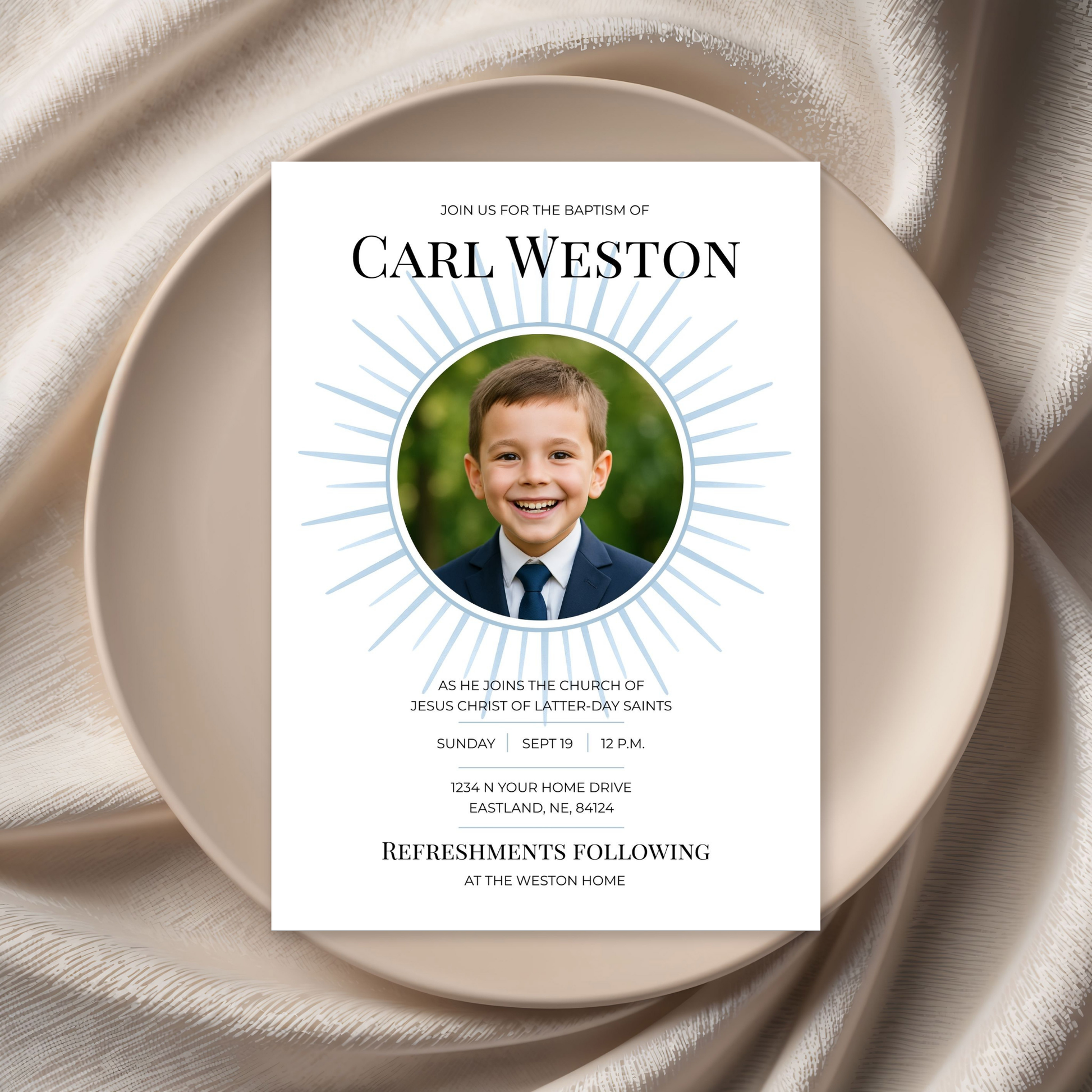 Canva Editable Template LDS Baptism Invitation Digital Download Instant Access Customizable Design Boy Girl Celebration Sunrays Pattern Religious Ceremony Announcement Sacred Milestone Event DIY Printable Format Modern Church Invitation