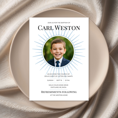 Canva Editable Template LDS Baptism Invitation Digital Download Instant Access Customizable Design Boy Girl Celebration Sunrays Pattern Religious Ceremony Announcement Sacred Milestone Event DIY Printable Format Modern Church Invitation
