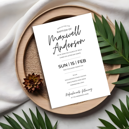 Minimalist Baptism Invitation Modern Design Template Editable LDS Church Ceremony Instant Download Digital Format Clean Contemporary Style Boy Girl Gender Neutral Religious Celebration Customizable Canva Template DIY Printing Perfect
