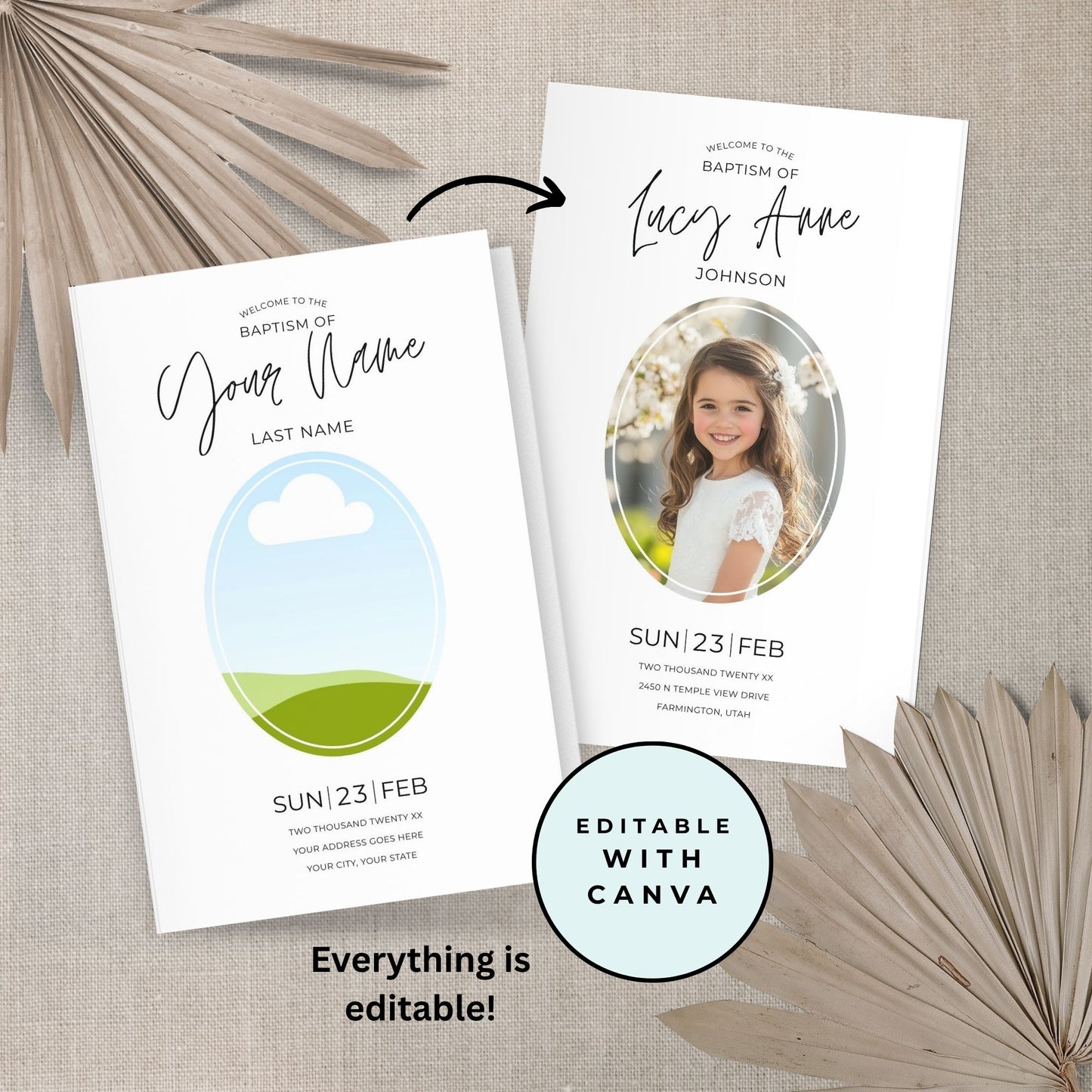 Customizable Baptism Program LDS Template Editable Canva Design Printable Foldable Format Modern Minimalist Layout Photo Cover Design Personalized Name Fields Talk Speaker Song Scripture Sections Gender Neutral Style DIY Church Ceremony