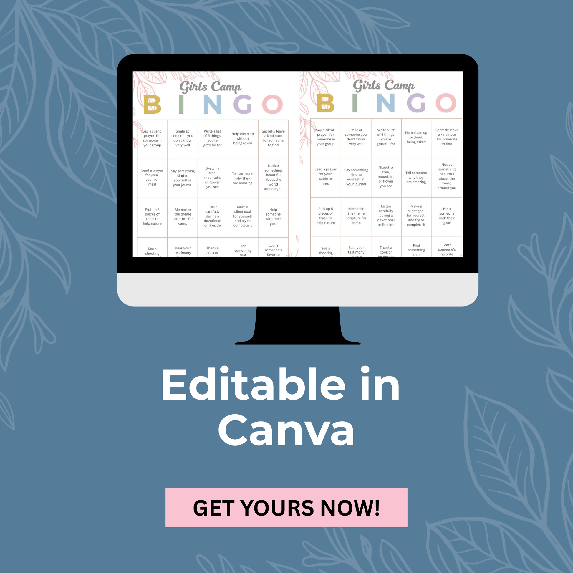 Young Women Activity LDS Camp Bingo Game Printable PDF Download Church Youth Group Entertainment Editable Canva Template Format Easy Print Setup Perfect Summer Camp Planning Interactive Fun Game Youth Leader Resource Essential Camp Activity