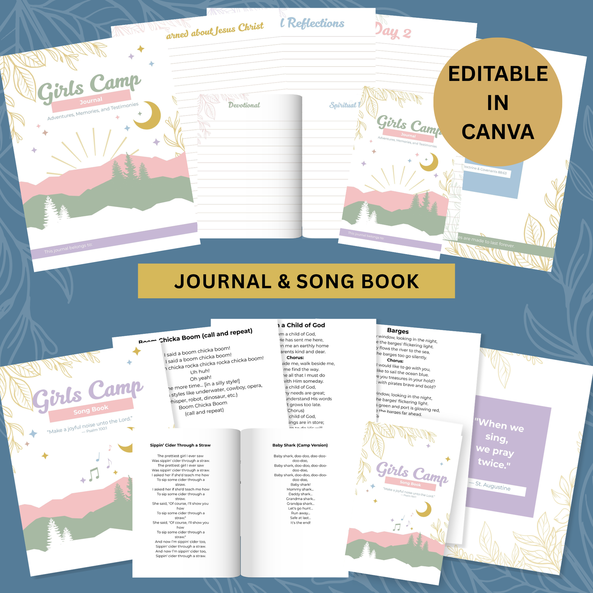 Digital Printable Camp Planning Bundle LDS Young Women Journal Resource Girls Camp Planner Kit Editable Canva Template Song Book Collection Youth Leader Organization Tool Instant Download Faith Based Activity Resource Complete Summer Camp