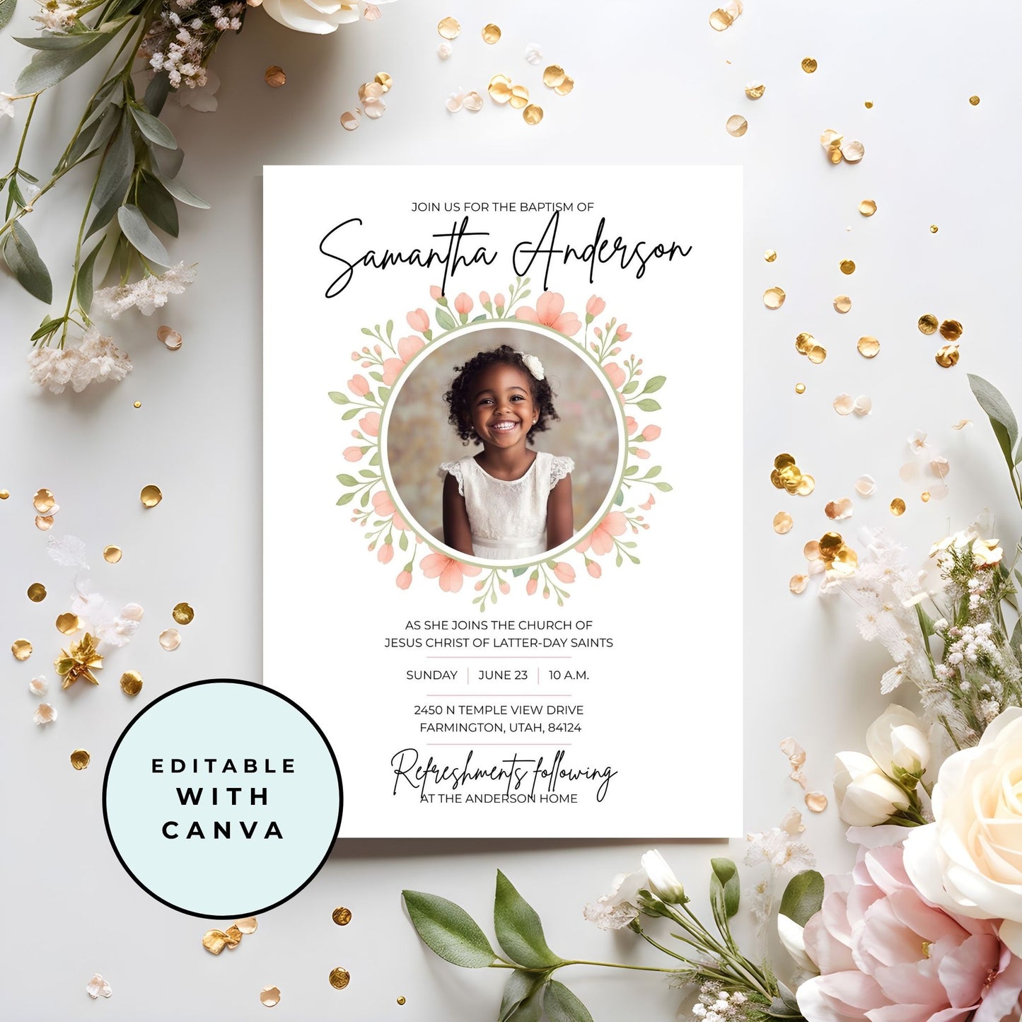 Floral Design Baptism Invitation Girl Religious Ceremony Template Digital Download Canva Editable Format Printable DIY Friendly Instant Access Customizable Text Fields Church Celebration Announcement Family Gathering Beautiful Feminine
