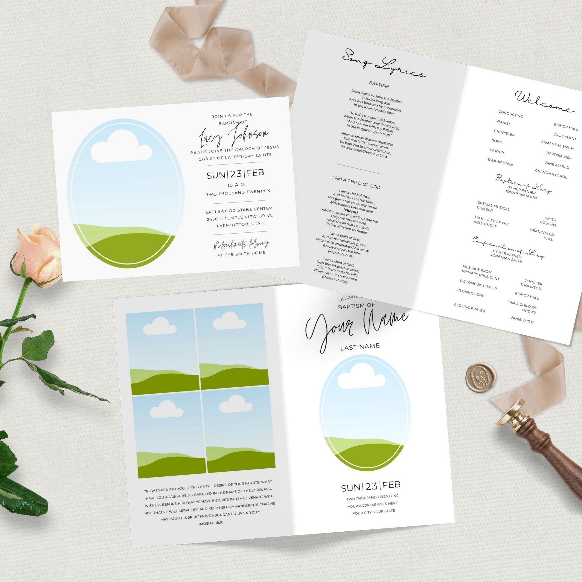 Ceremony Planning Baptism Bundle Template Set LDS Invitation Program Digital Download Editable Canva Design Matching Foldable Format Instant Access Boys Girls Gender Neutral Style Latter-day Saints Mormon Family Celebration Beautiful