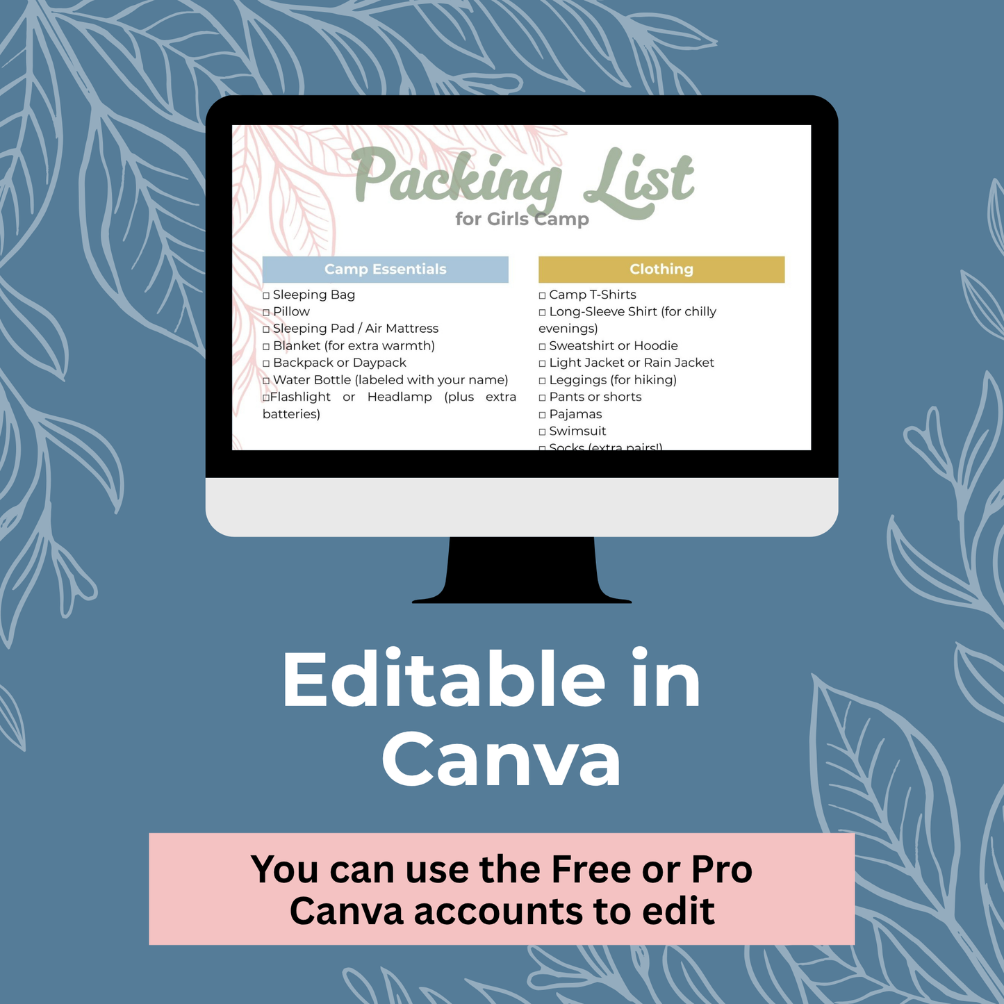 LDS Girls Camp Info and Packing List – Editable Printable Checklist Template