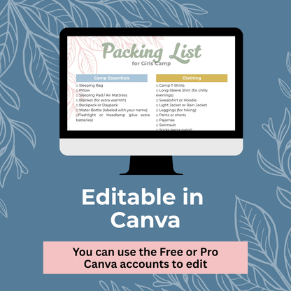 LDS Girls Camp Info and Packing List – Editable Printable Checklist Template