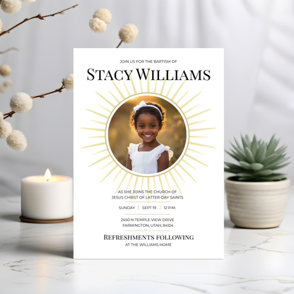 LDS Baptism Invitation – Canva Editable Sunrays Digital Download