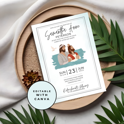 Editable Baptism Invitation Canva Template Design LDS Mormon Ceremony Digital Download Printable Format Easy Customization DIY Creation Personalized Text Fields Instant Access Home Printing Sacred Religious Milestone Family Celebration