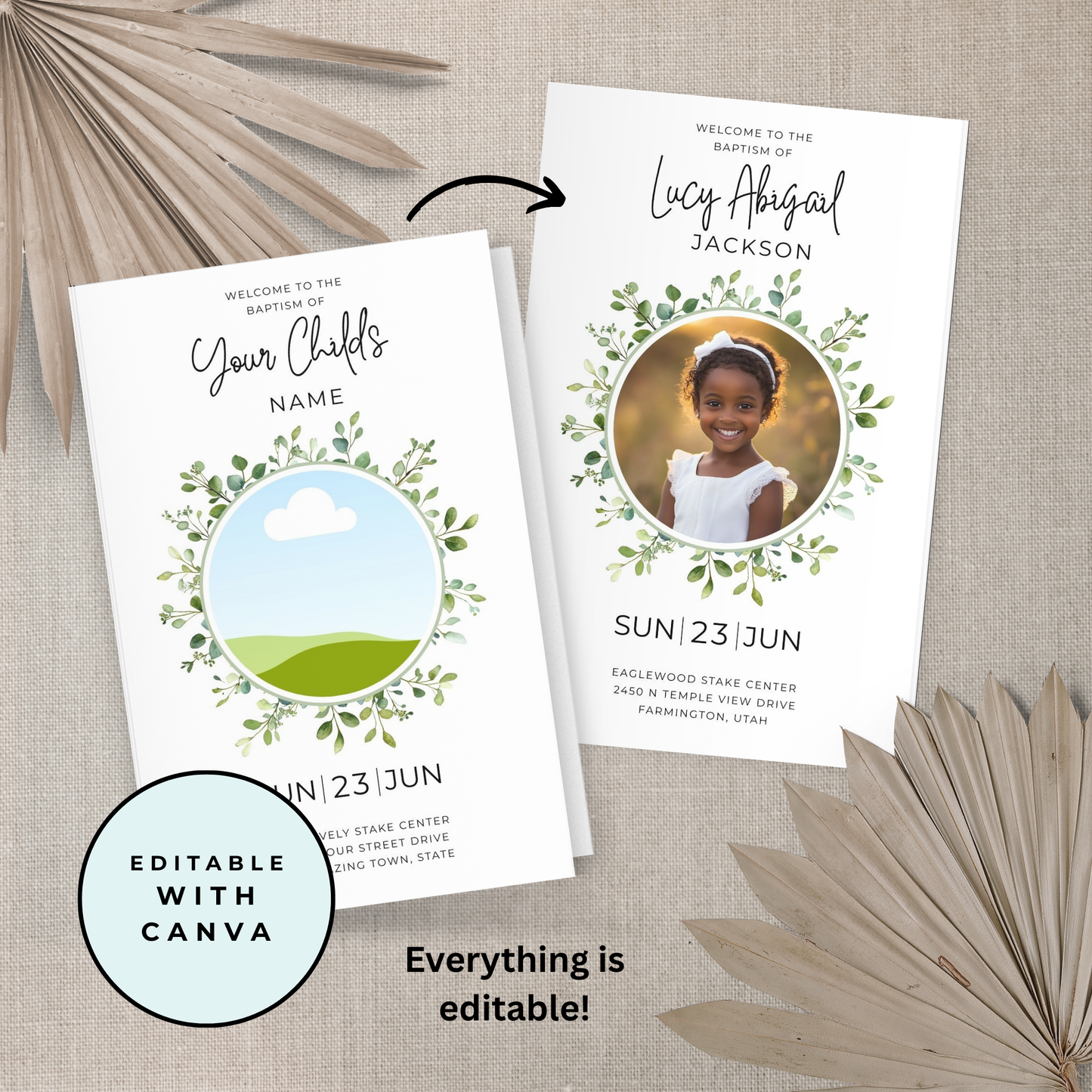 Digital Download Baptism Program LDS Template Editable Canva Format Custom Foldable Design Printable Layout Modern Style Perfect Church Ceremony Planning Personalized Photo Space Scripture Text Custom Speaker Names Song List Talk Schedule