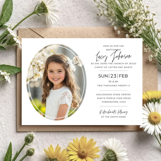 LDS Baptism Invitation Template Editable Canva Design Modern Mormon Ceremony Announcement Printable Digital Download Customizable Text Fields Photo Space Included Clean Typography Style Religious Milestone Celebration DIY Printing Option