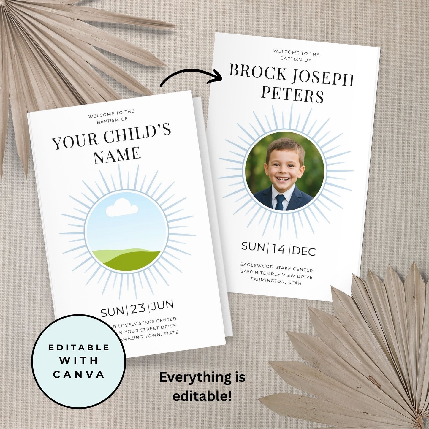 Mormon Church Baptism Program Template Printable Foldable Design LDS Ceremony Program Editable Canva Template Custom Photo Space Baptism Day Program Modern Rainbow Theme Religious Ceremony Printable DIY Church Program Instant Download