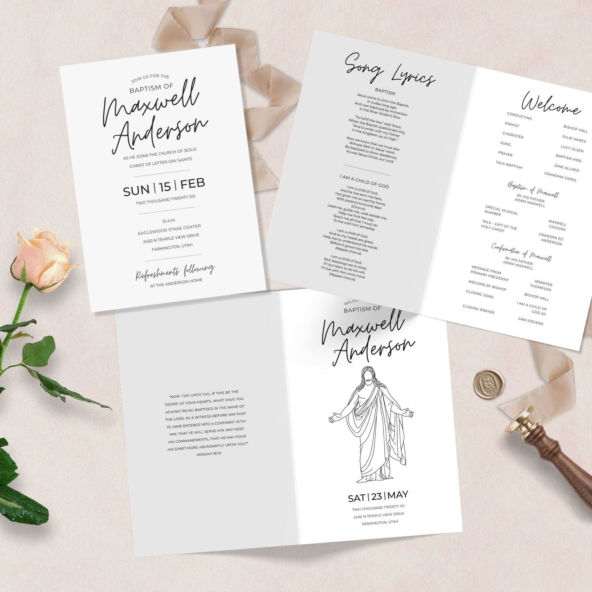 Editable Baptism Bundle Custom Invitation Template Canva Digital Download LDS Mormon Church Program Materials Included Personalized Religious Ceremony Design Boy Girl Gender Neutral Instant Access Printable Format Easy DIY Project Faith