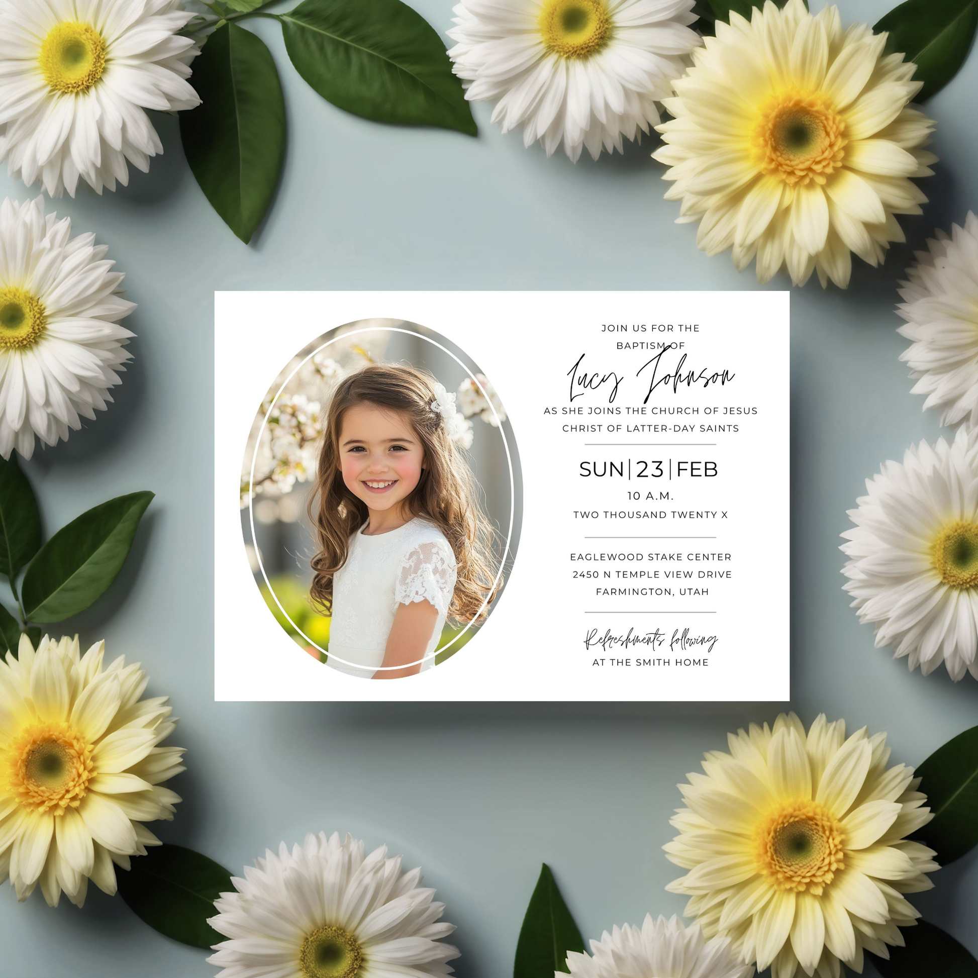 Printable LDS Invitation Baptism Template Design Editable Canva Format Mormon Church Ceremony Announcement Digital Download Instant Access Modern Photo Space Included Customizable Text Options Clean Typography Design Religious Celebration