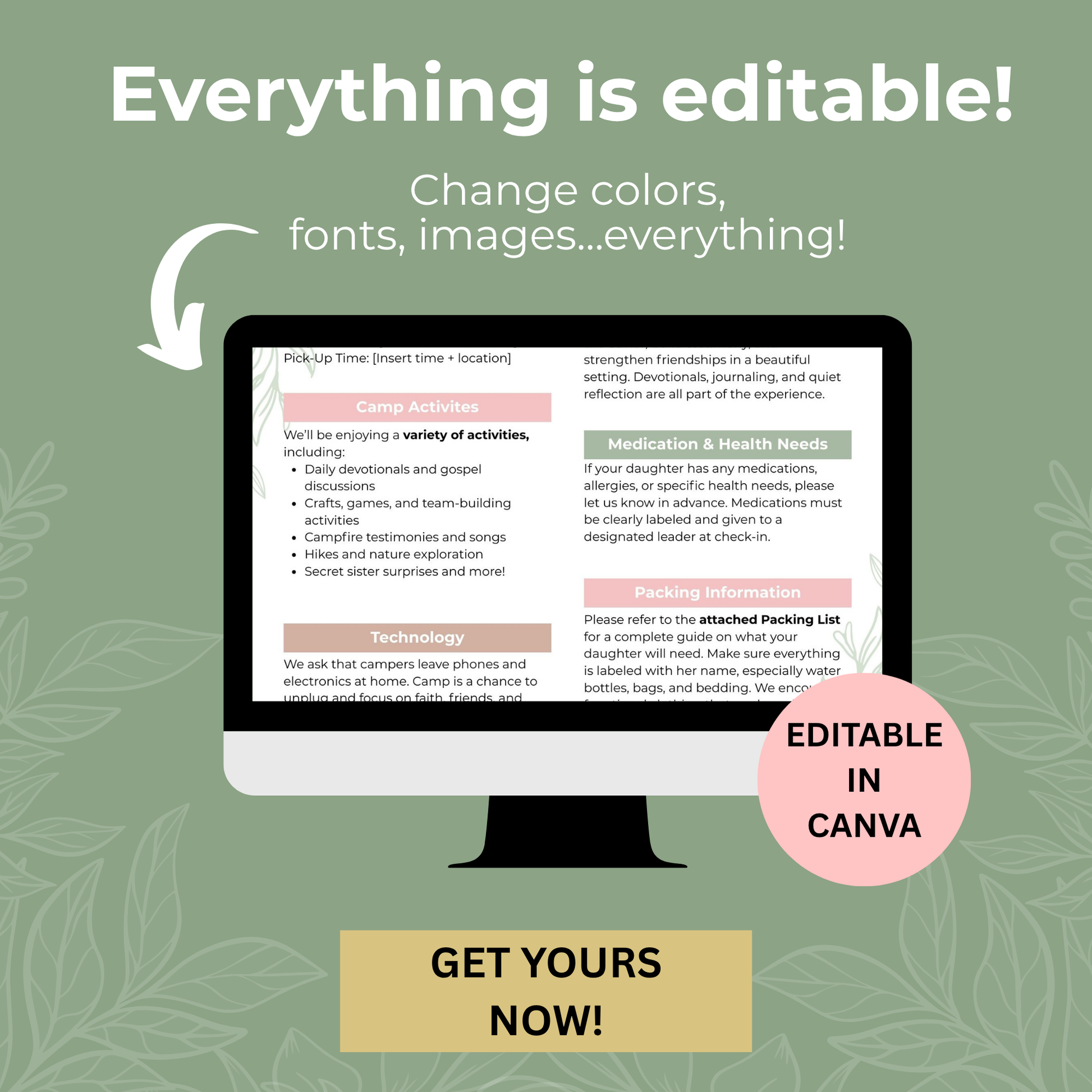 Editable Camp Checklist Template Printable Packing List Lds Girls Camp Youth Activity Planning Tool Digital Download Canva Compatible Customizable Format Reusable Resource Complete Preparation Guide Instant Access Organization Essential