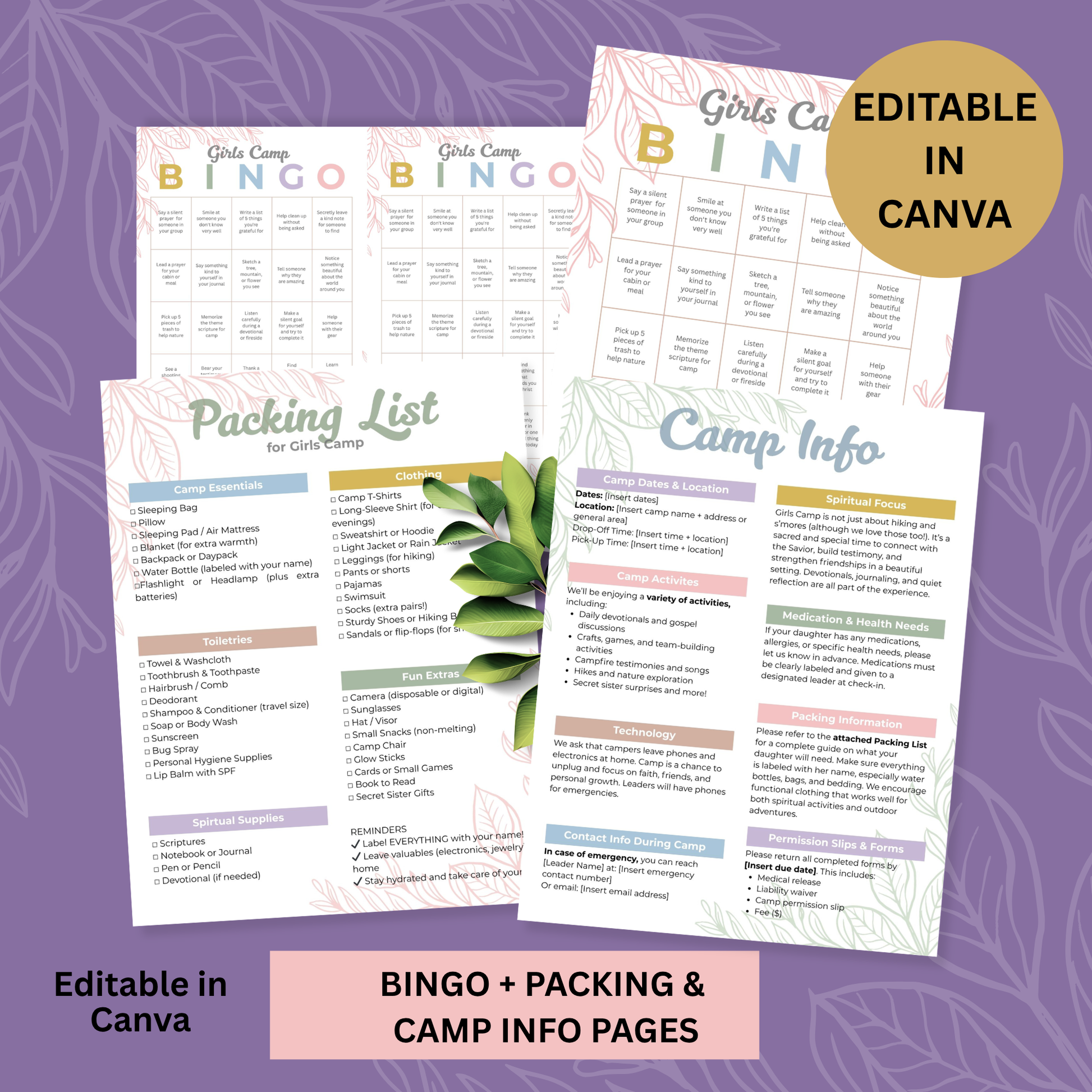 Girls Camp Planner Printable Bundle Complete Journal Collection Song Book Resource Digital Download Editable Template Youth Activity Kit LDS Young Women Camp Organization Tool Canva Format Instant Access Faith Based Planning Essential
