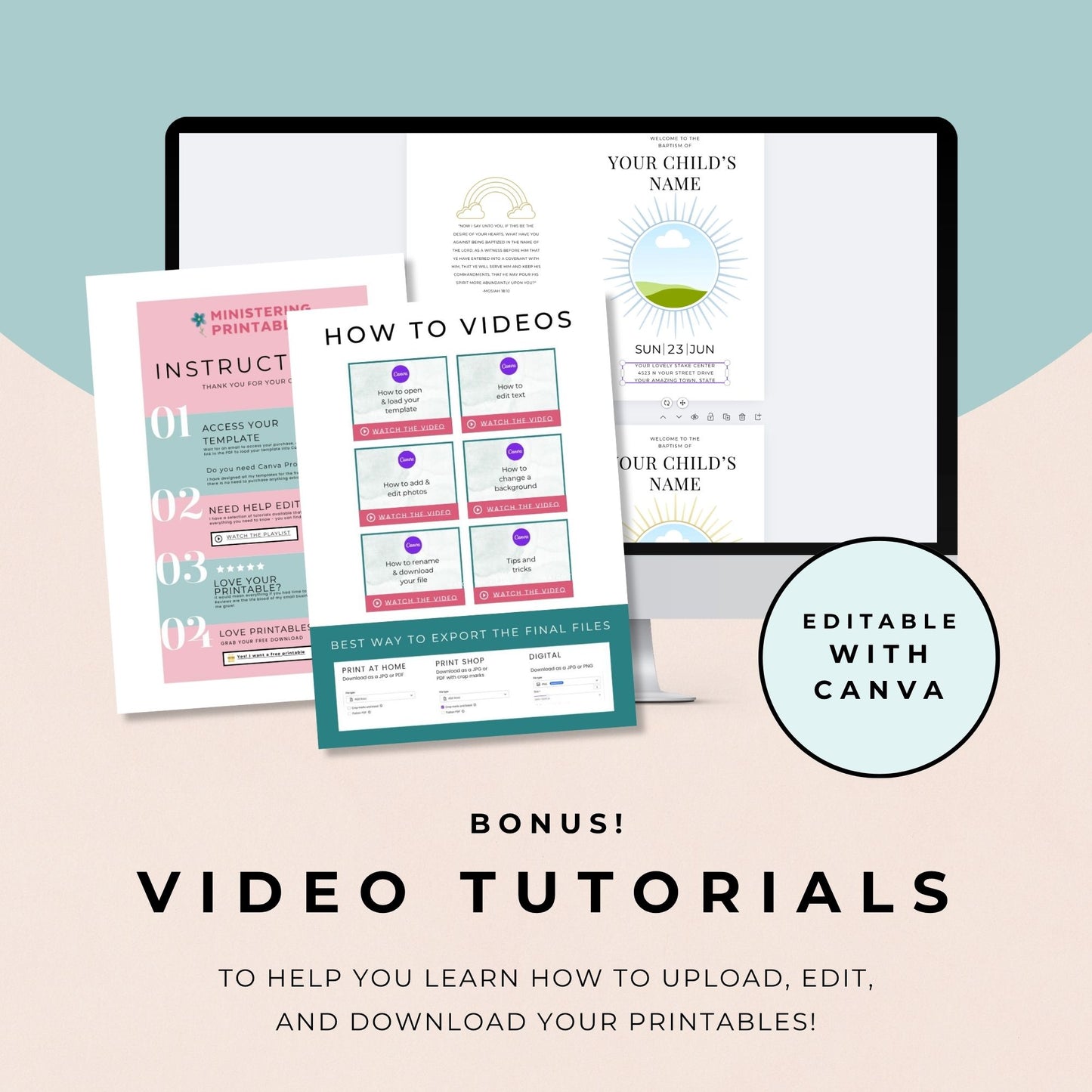 LDS Baptism Program Template – Editable Canva Printable Foldable Sunray Design