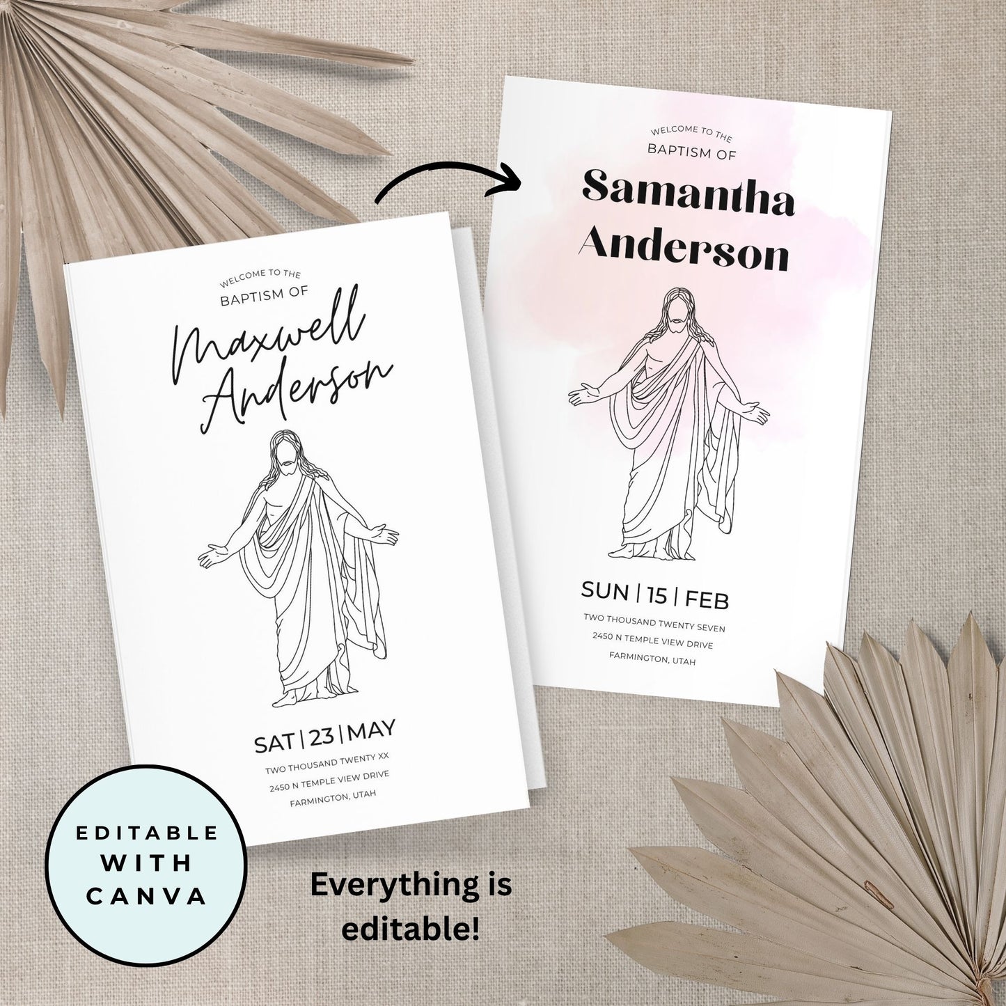LDS Baptism Invitation and Program Editable Canva Template Bundle