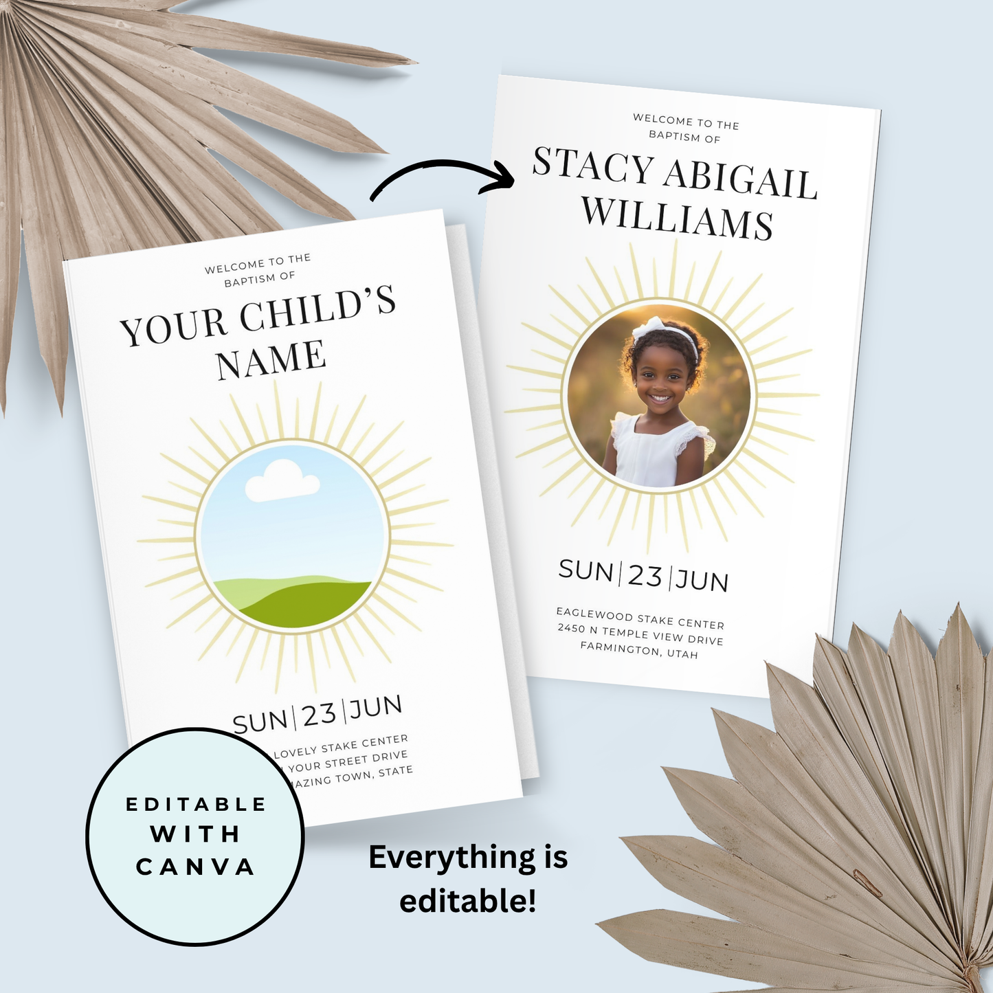 LDS Baptism Invitation and Program Bundle - Editable Canva Template Sunray