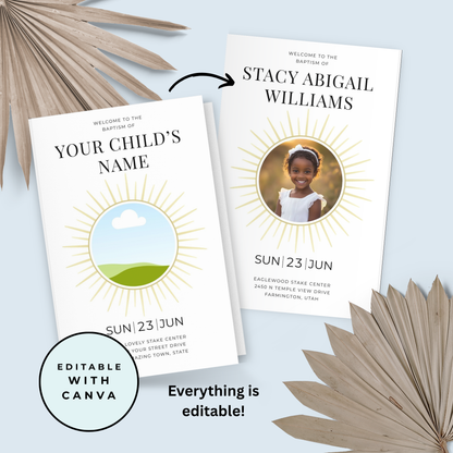 LDS Baptism Invitation and Program Bundle - Editable Canva Template Sunray