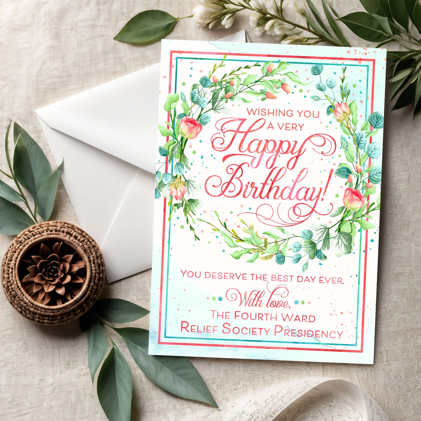 Relief Society birthday printable card personalized for an LDS ward, branch, or church group with pink floral wreath artwork
