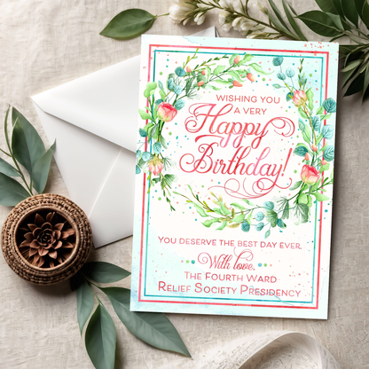 Relief Society birthday printable card personalized for an LDS ward, branch, or church group with pink floral wreath artwork