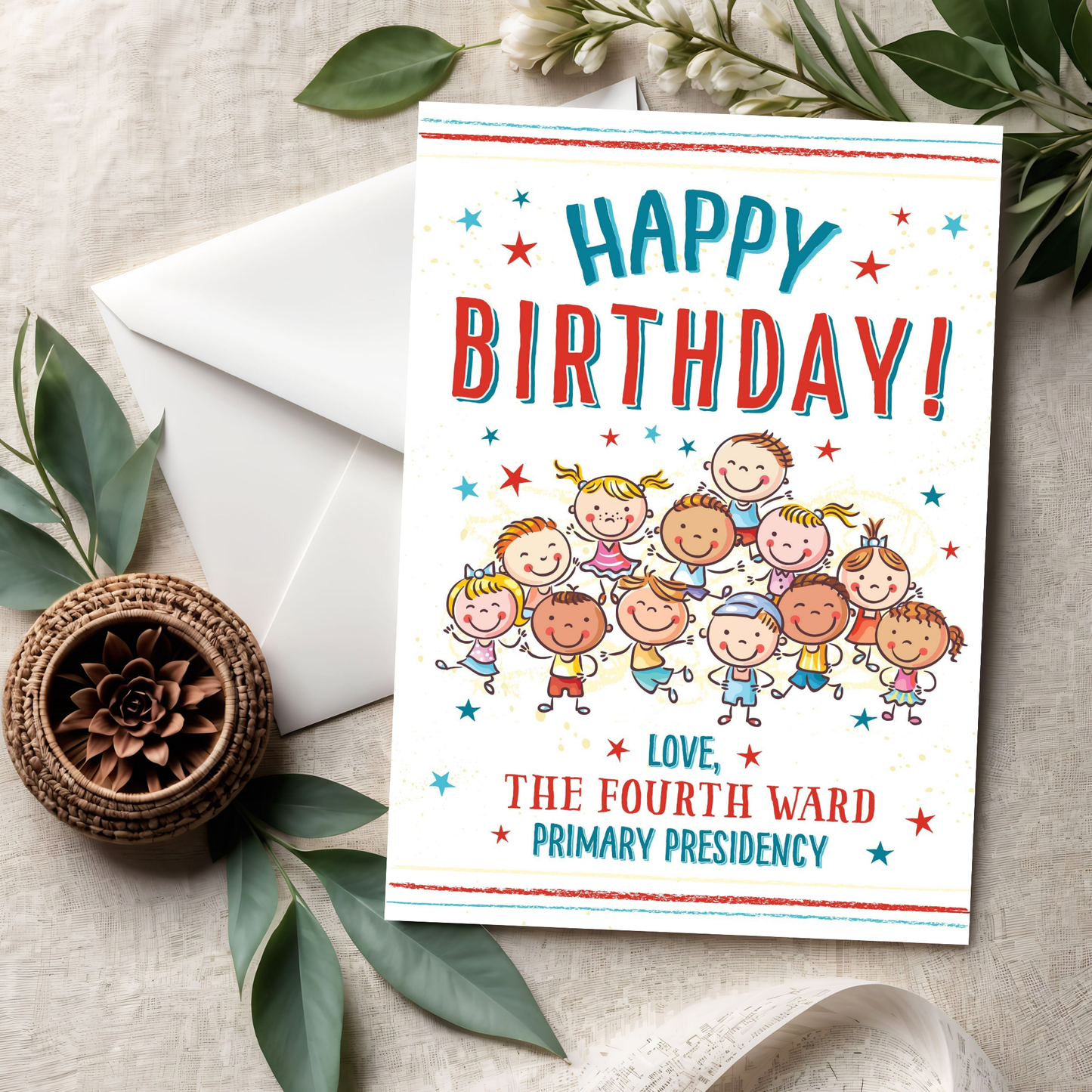 Personalized LDS primary birthday card printable with happy children, colorful balloons, custom ward name, and 5x7 digital file