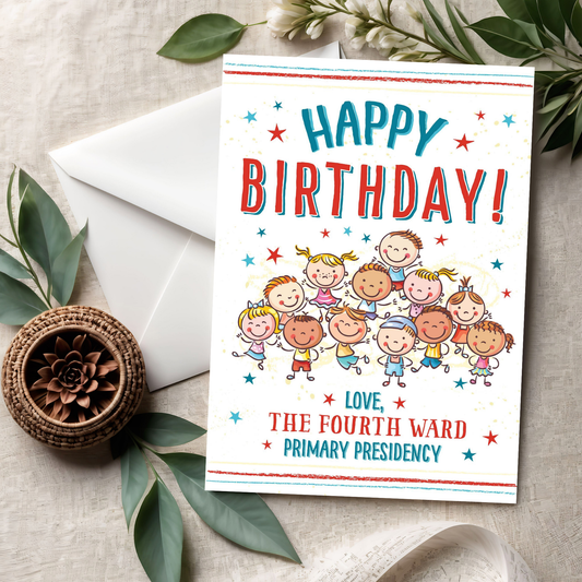 Personalized LDS primary birthday card printable with happy children, colorful balloons, custom ward name, and 5x7 digital file