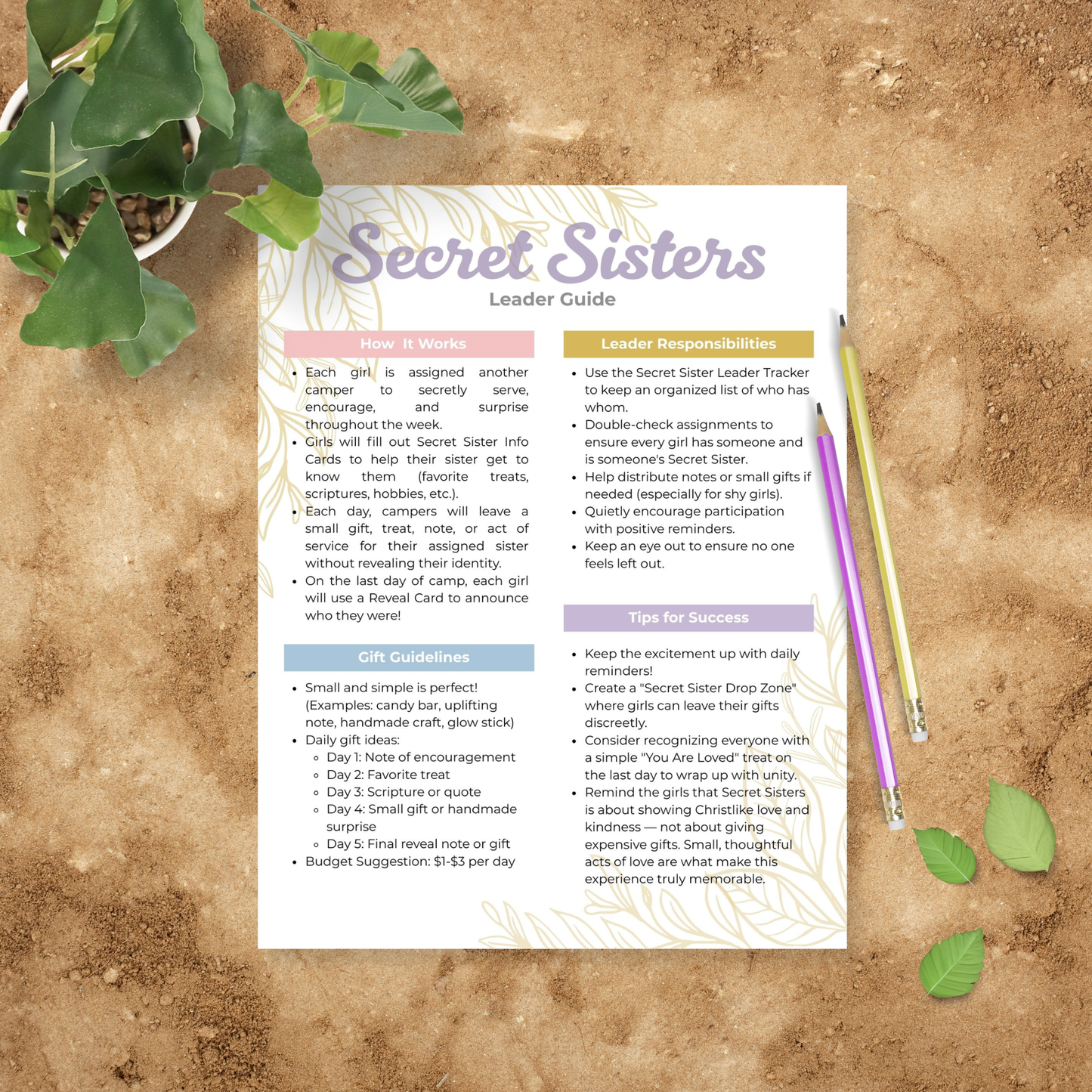 LDS Secret Sister Girls Camp Kit Digital Template and Printables