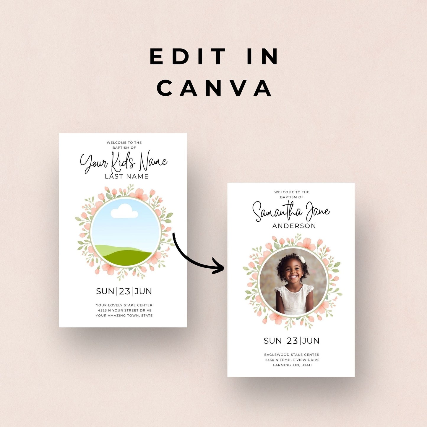 Editable Baptism Program Template LDS Girl Ceremony Design Canva Printable Format Foldable Layout Custom Photo Cover Inside Panels Songs Talks Speakers Details Perfect Daughter Religious Milestone Keepsake Digital Download Instant Access