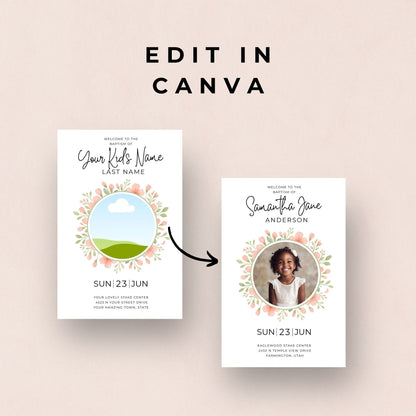 Editable Baptism Program Template LDS Girl Ceremony Design Canva Printable Format Foldable Layout Custom Photo Cover Inside Panels Songs Talks Speakers Details Perfect Daughter Religious Milestone Keepsake Digital Download Instant Access