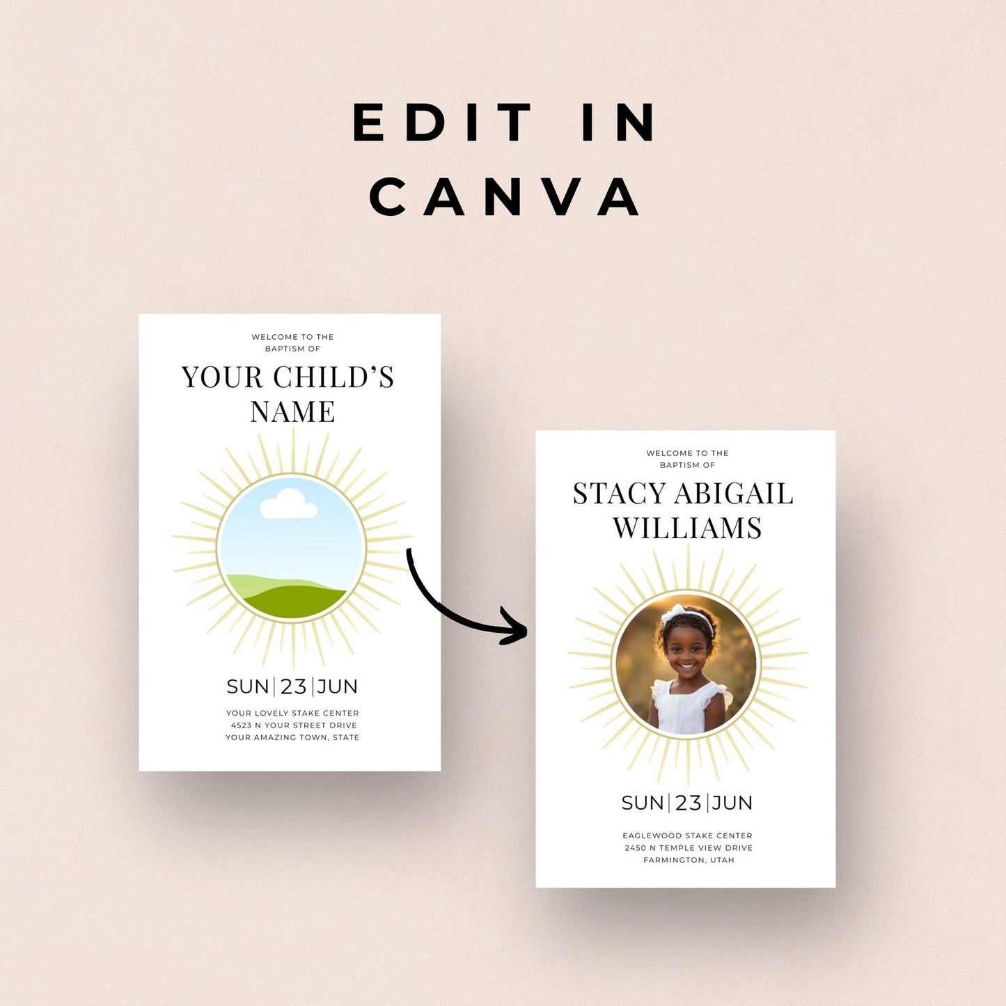 LDS Baptism Program Template – Editable Canva Printable Foldable Sunray Design
