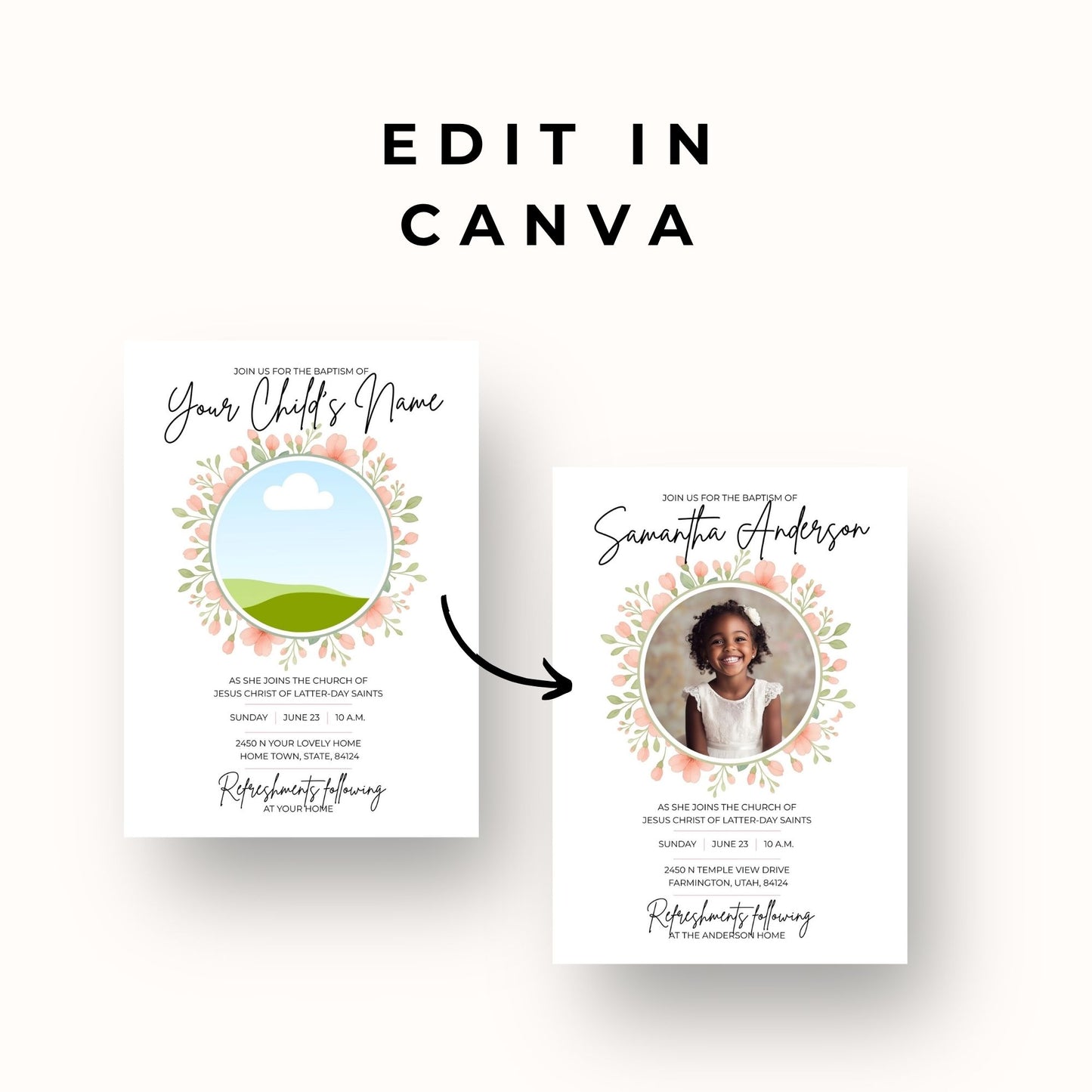 LDS Baptism Invitation for Girls – Canva Printable Floral Design